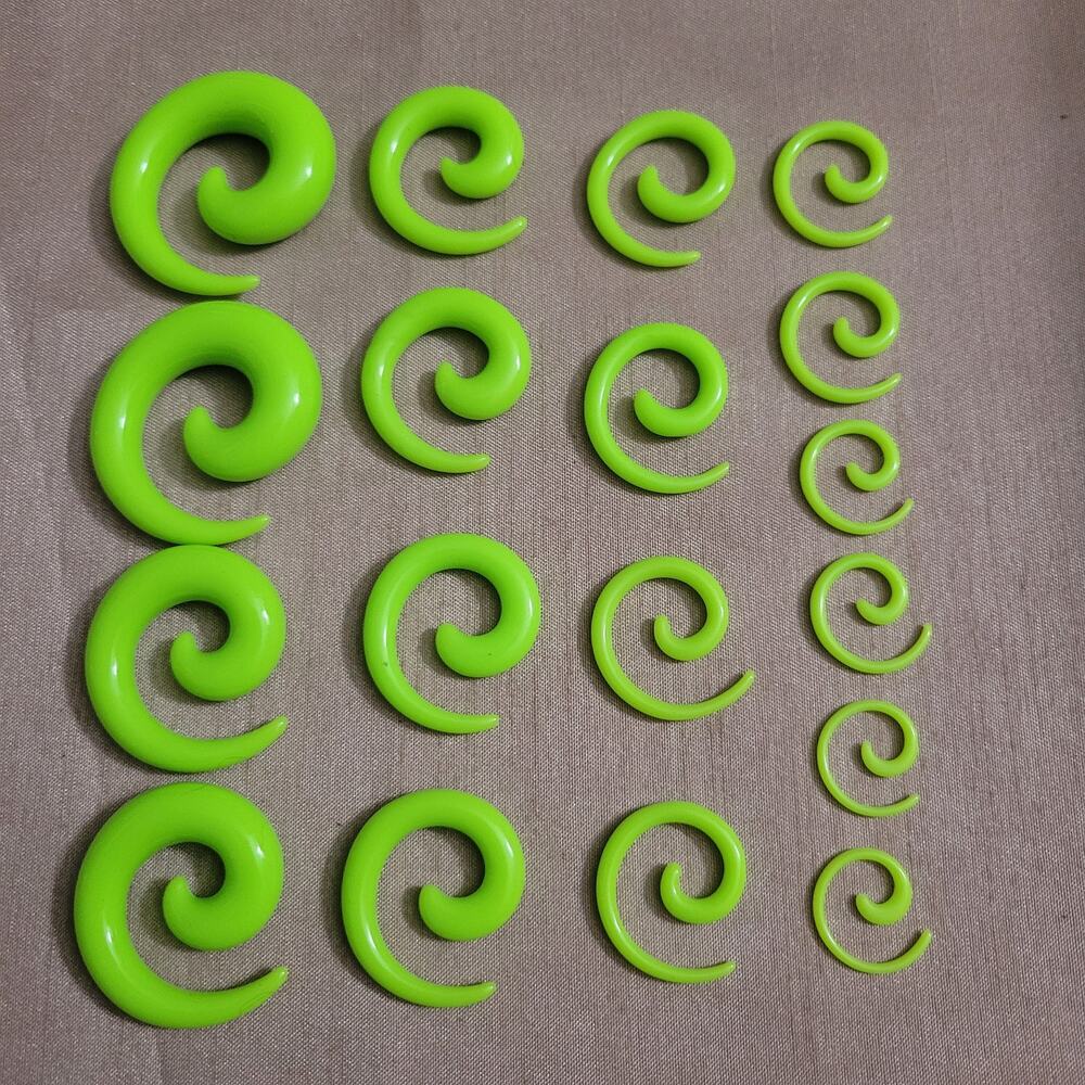 9 pairs of 14 - 00 gauge neon green acrylic spiral earrings